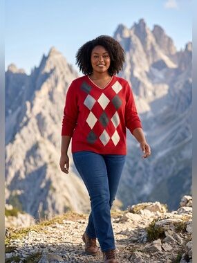 Rafaella Red and Gray V-Neck Argyle Sweater
